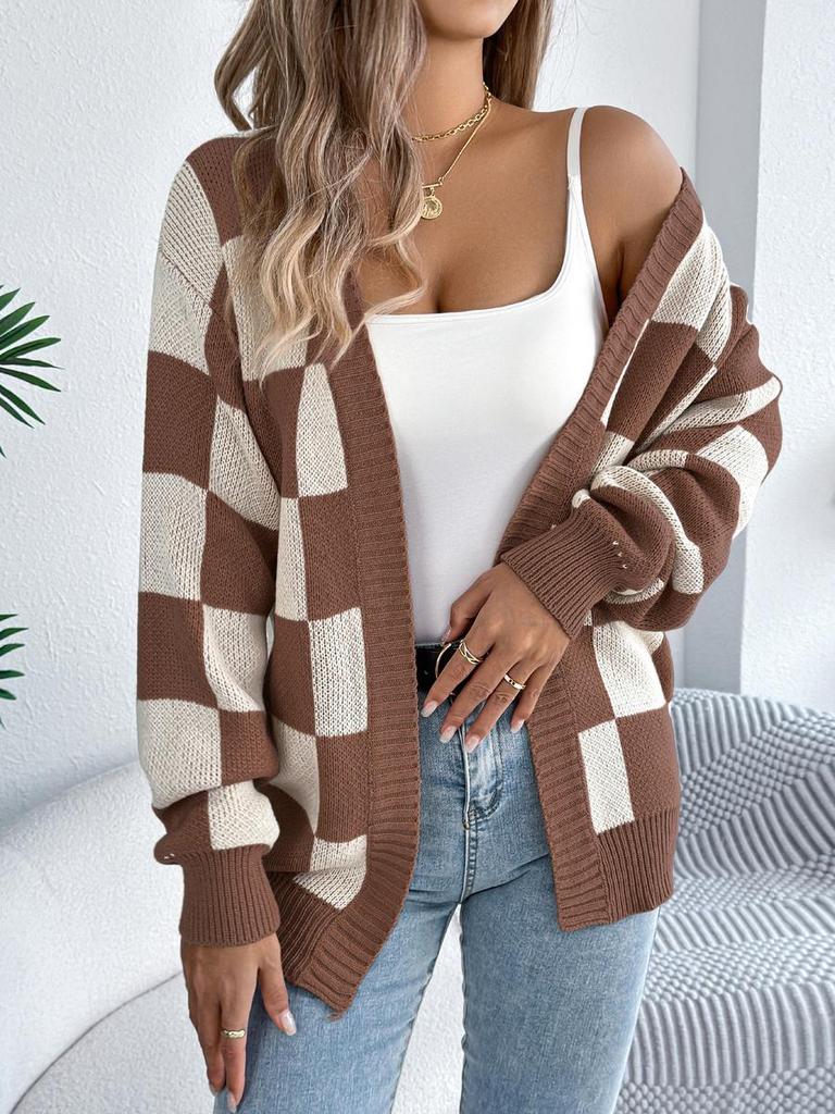Herbst/Winter Colorblock Karomuster Laternenärmel Strickjacke Pullover Lange Oberbekleidung für Damen