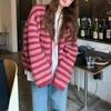 Damen Oversized V-Ausschnitt Strick Cardigan Pullover Rote Streifen Weich Gemütlich Winter Oberbekleidung Lässig Lockere Passform