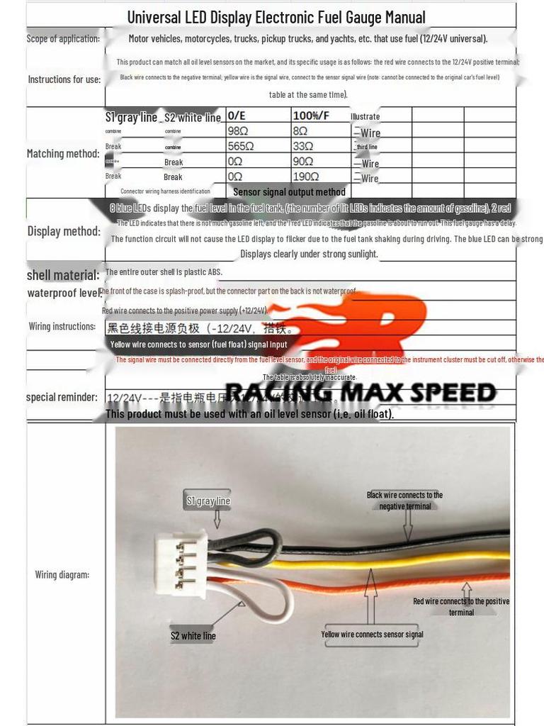 12V/24V Car & Motorcycle LED Fuel Gauge with Blue Light, 2-Inch Display