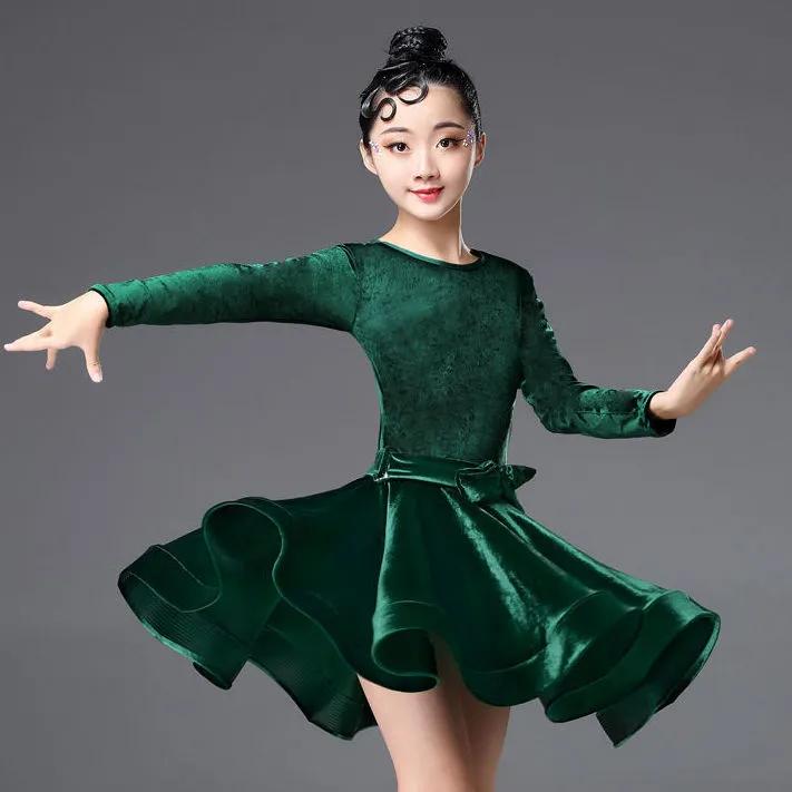 Abito Lungo in Velluto con Maniche Lunghe per Bambine Danza Latina Competizione Sala da Ballo Bambini Tango Salsa Abbigliamento da Danza Abbigliamento da Allenamento Cha Cha