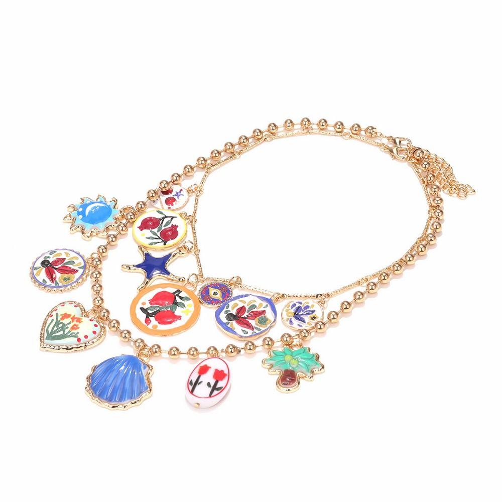 Metal Chain Enamel Floral Necklace Layered Bohemian Collarbone Chain Flower Pendant Necklace Gift