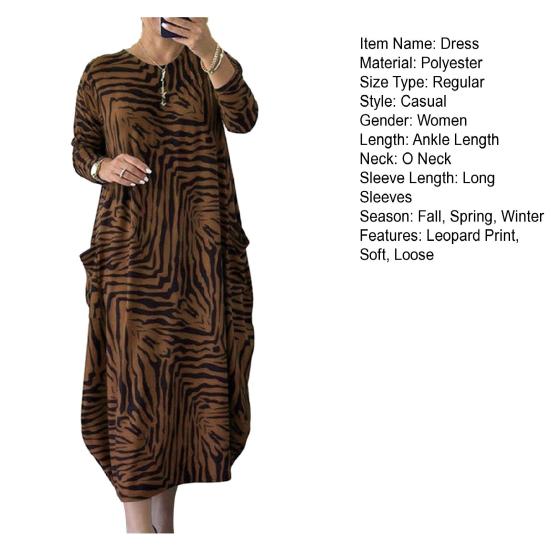 Women Maxi Dress Oversized Long Sleeve O Neck Color Matching Leopard Print Pockets Ankle Length Lady Fall Spring Dress