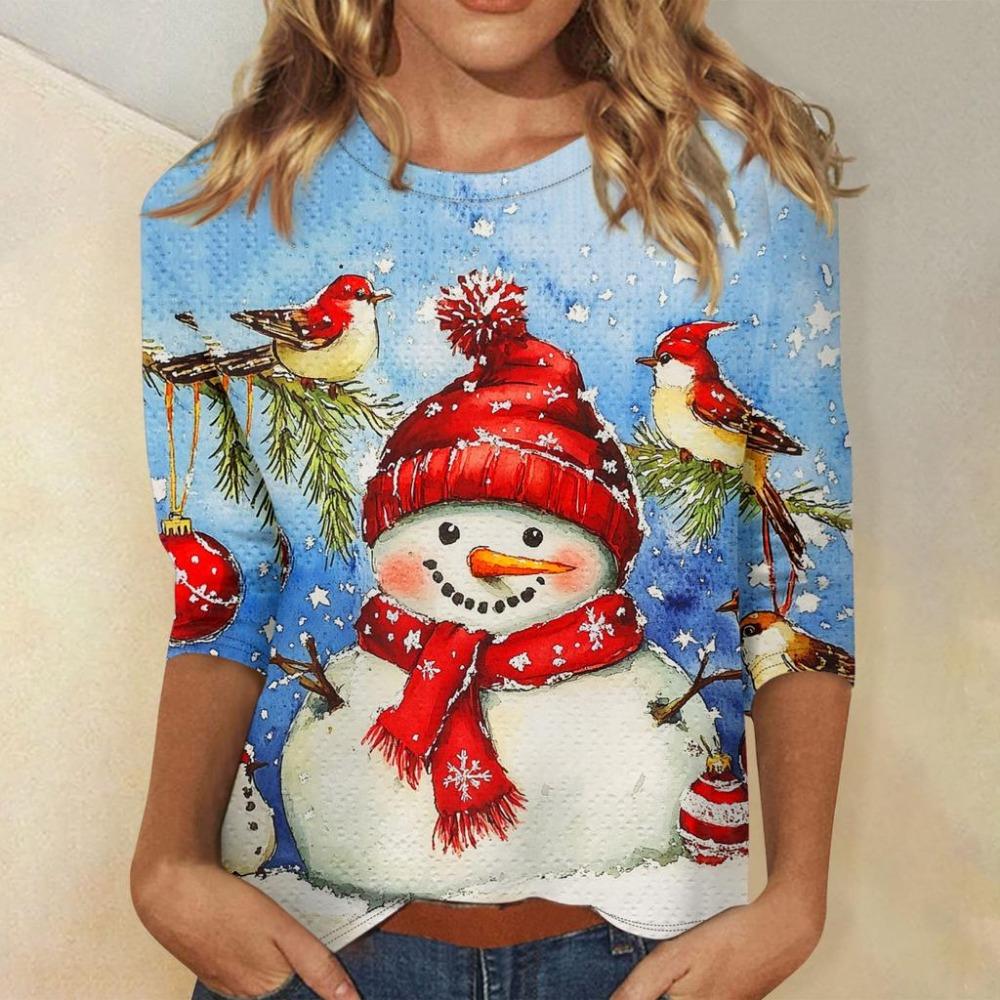 Christmas Limited Edition Women's 3D Snowflake and Snowman Print Round Neck Long Sleeve Hoodies Fashion Casual Long Sleeve Top