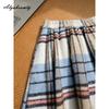 Japanese Mori Girl Autumn Winter Women Woolen Skirt Elastic Waist Blue Plaid Wool Skirt Thick Warm Sweet Elegant Midi Skirt