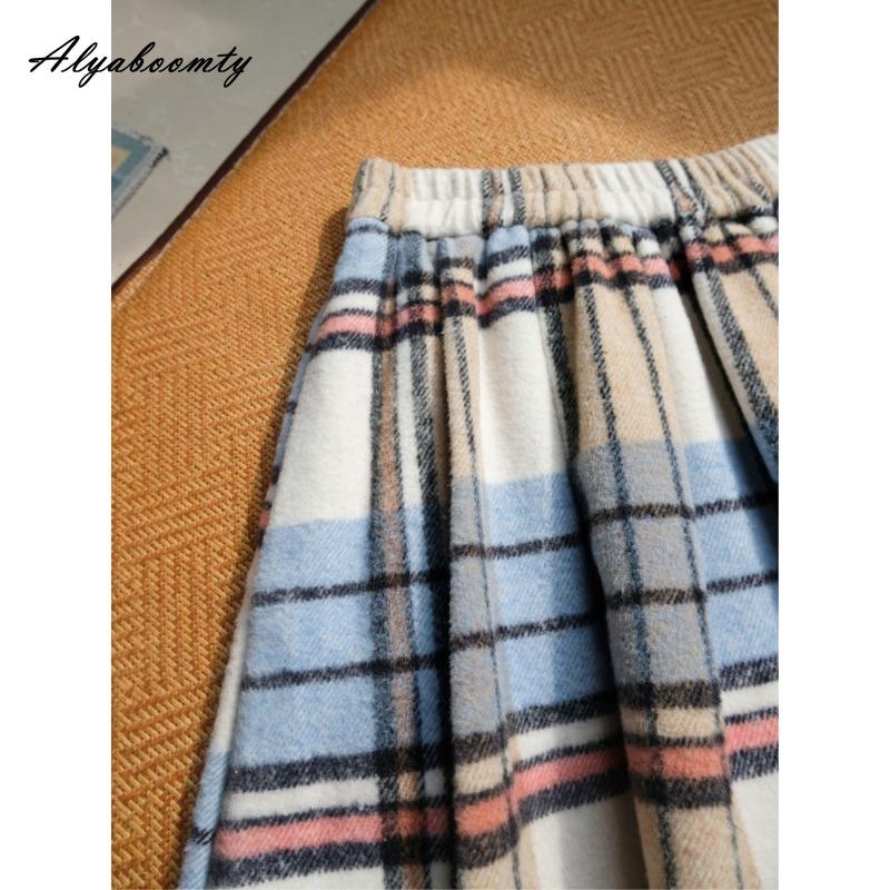 Japanese Mori Girl Autumn Winter Women Woolen Skirt Elastic Waist Blue Plaid Wool Skirt Thick Warm Sweet Elegant Midi Skirt