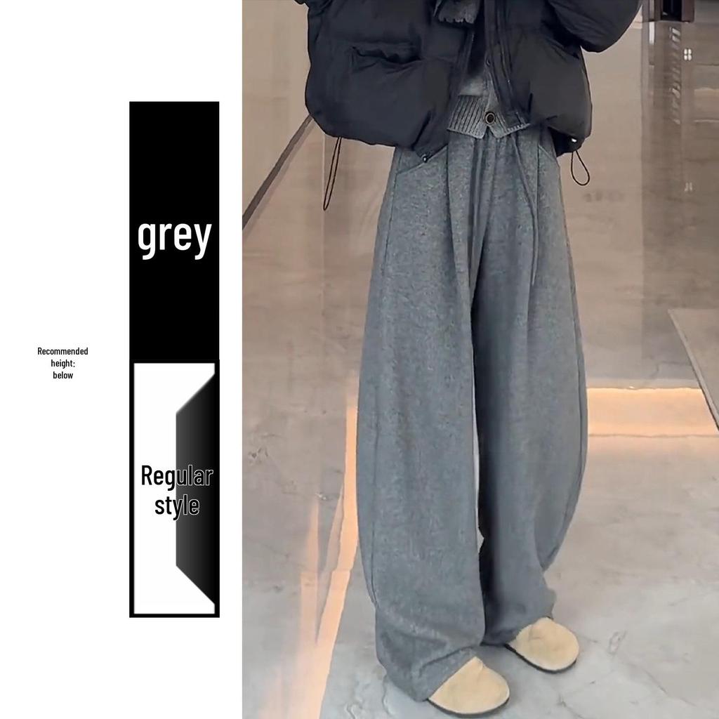 Women's Gray Cloud Scimitar Pants with Plus Velvet, Autumn/Winter 2025 - Woolen Wide-Leg, Drape, Relaxed Fit.