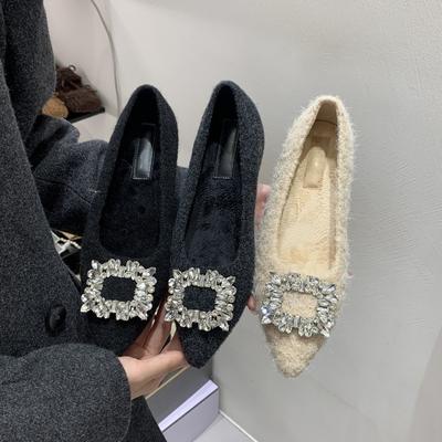 Pointed Plush Shoes, Annual Plush Rhinestones, Black with Skirt, Inner Height-increasing Single Shoes, Women's Cotton.