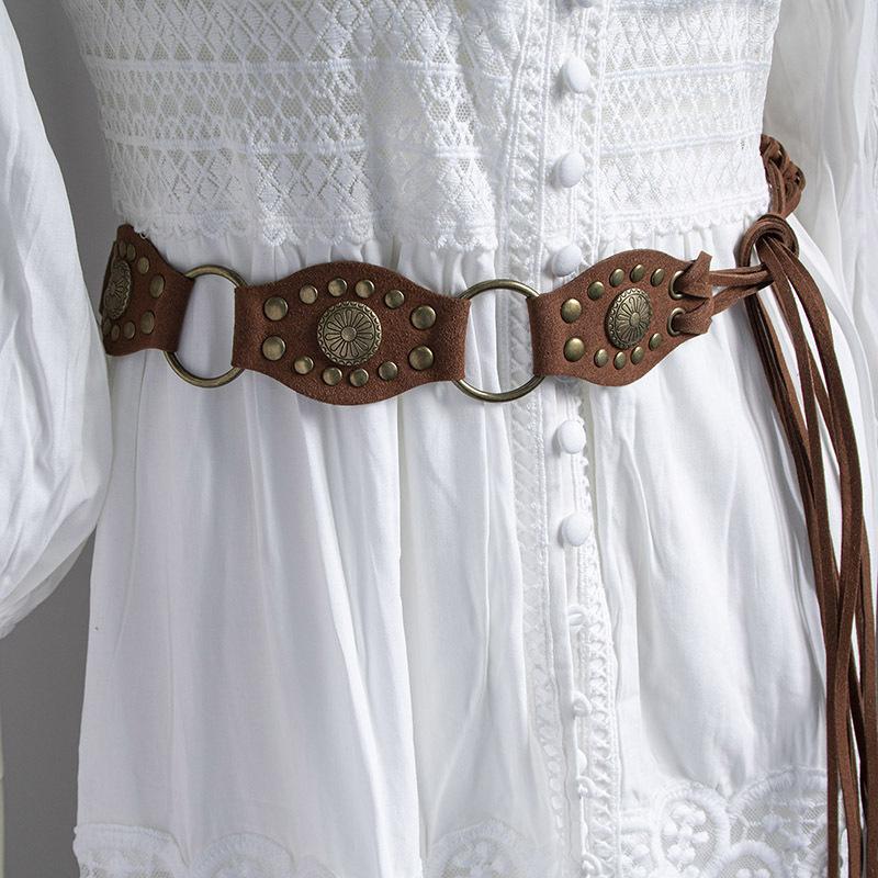 Bohemian Belt Suede Accessories Rivet Tassel Knotted Waist Rope for Women Natural Vacation Style Belt for Women