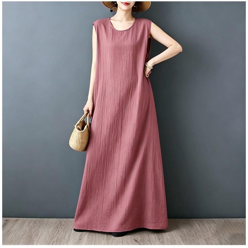 DIMANAF 2026 New Women Plus Size Summer Vintage Lady Long Dress Sleeveless Vest Loose Oversize Maxi Sundress Solid Cotton Linen