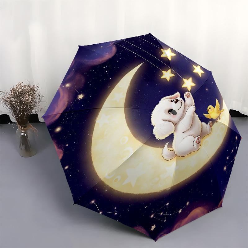 1pc Moonlit Night with Puppy and Stars Umbrella with Plastic Handle,Compact & Stylish,Cartoon Pattern,Outdoor UmbrellaPT303