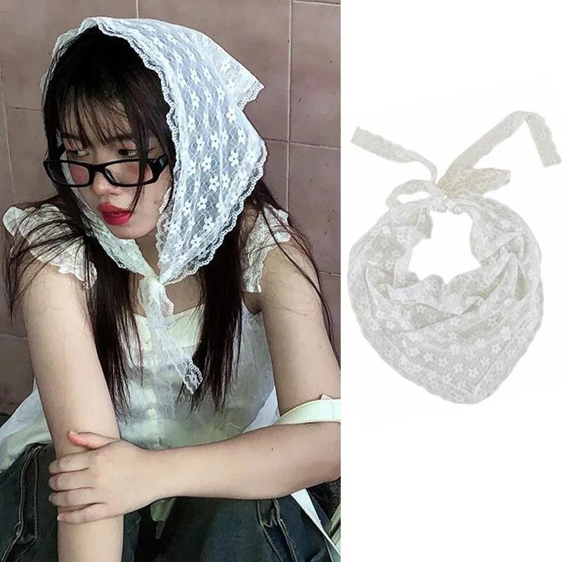 Summer Headwear Headdress French Pastoral Style Triangle Hair Scarf Women Girls Lace Flower Band Headwarp Hair Accessories
