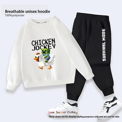 Set trening pentru copii Minecraft Chicken Jockey, imprimeu HD, toamnă, set din 2 piese pentru băieți și fete, gât rotund, poliester respirabil, fără glugă, ținută casual pentru copii