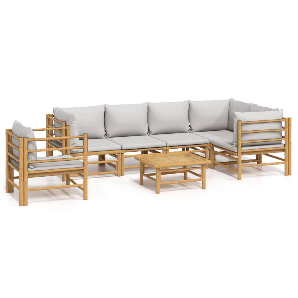 Vidaxl 7-Cz. Garden Furniture Set, Light Grey Cushions, Bamboo