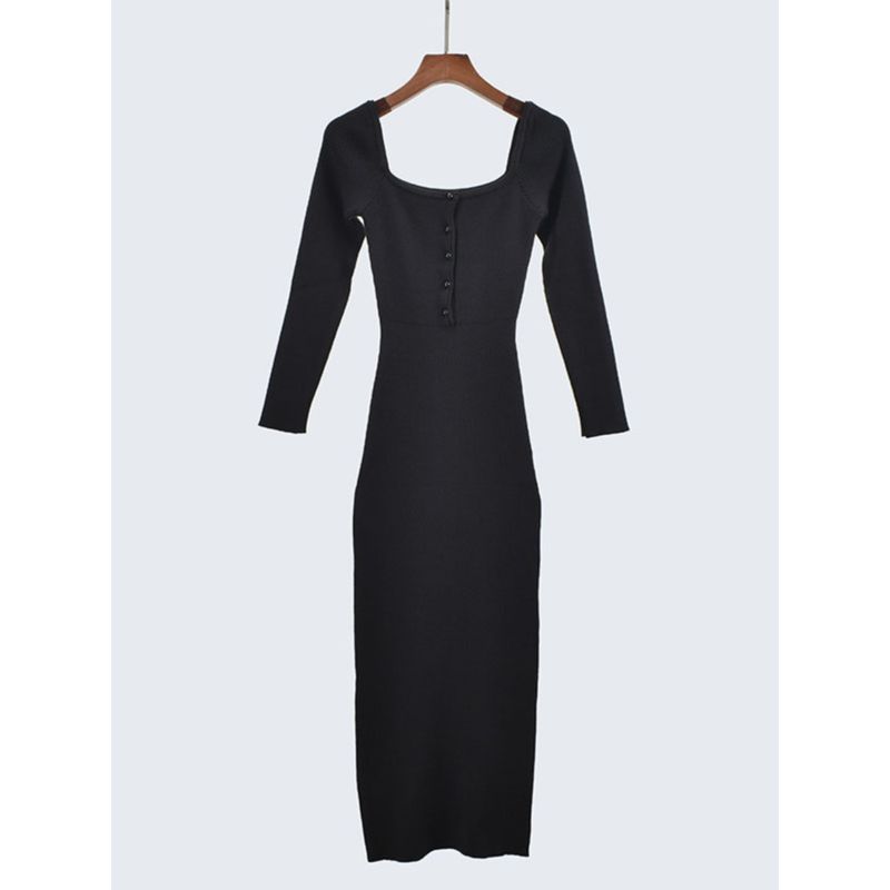 Cut Label Fall and Winter Square Collar Long Sleeve Silm Sheath Dress Pure Color Mid Length Long Length Fashion Wind Inner Wear Outer Wear Female