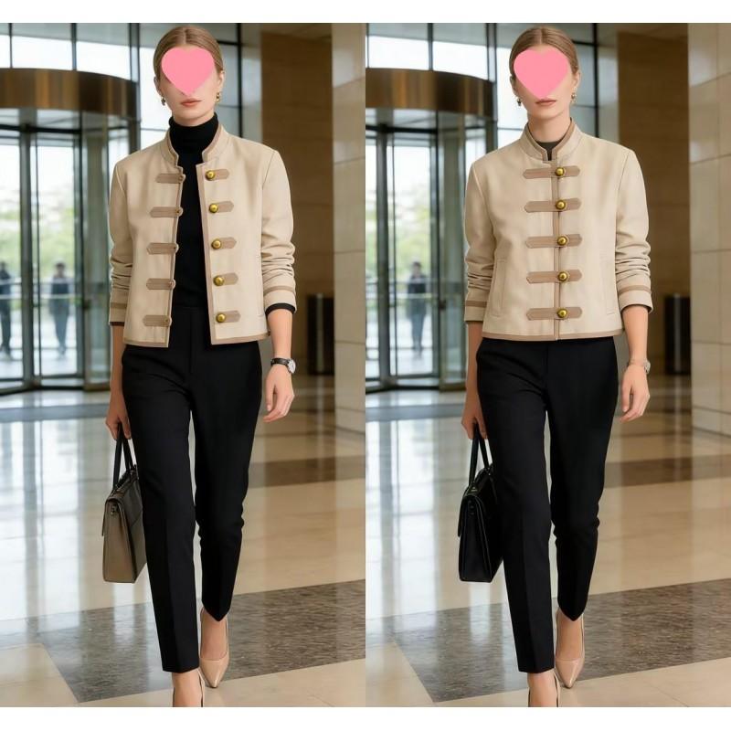 Womens Winter Wool-Blend Tailored Blazer With Mandarin Collar Button Detail Urban Chic Office Wear