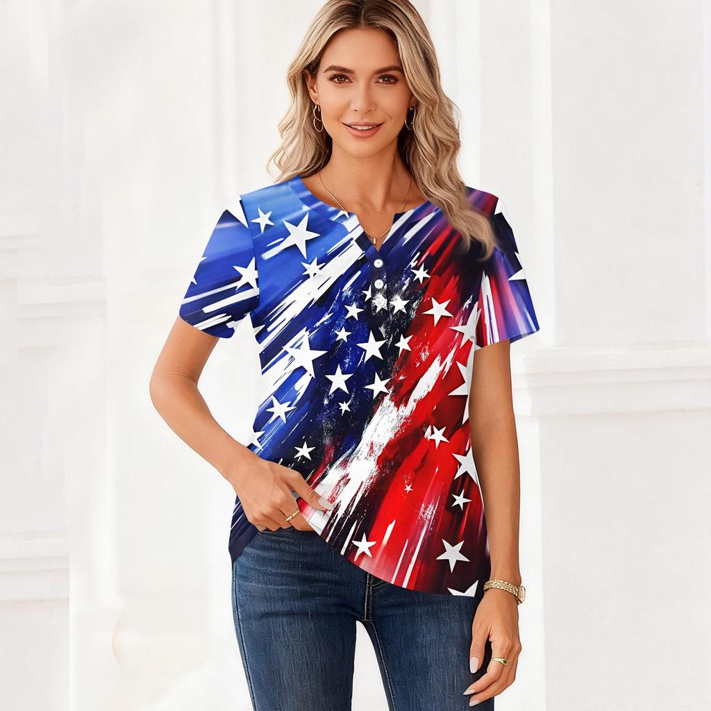 Women's T Shirt Independence Day Print Button Short Sleeve Daily Weekend Fashion Basic V- Neck Regular Top