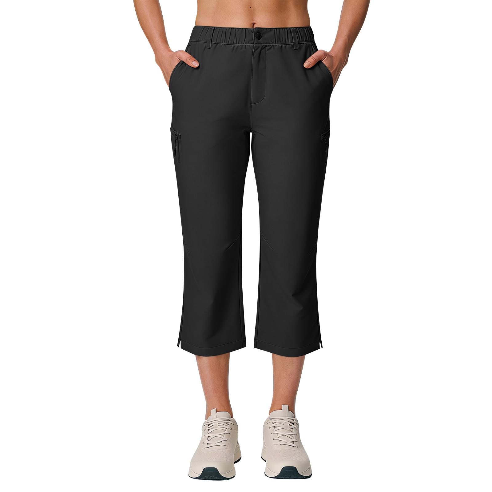 

Women’s Cropped Athletic Pants Drawstring Waist Lightweight Stretchy Fabric Zipper Pocket Loose Fit Capris for Sports Yoga Walking Running L чёрный