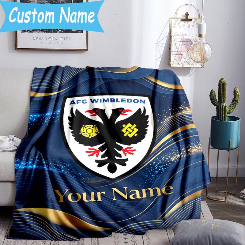 Custom Name Afc Wimbledon Crest Flannel Blanket, Use for Birthday/Holiday Gift, Soft Blanket for Sofa/Bed/Camping/Office, Home Decor