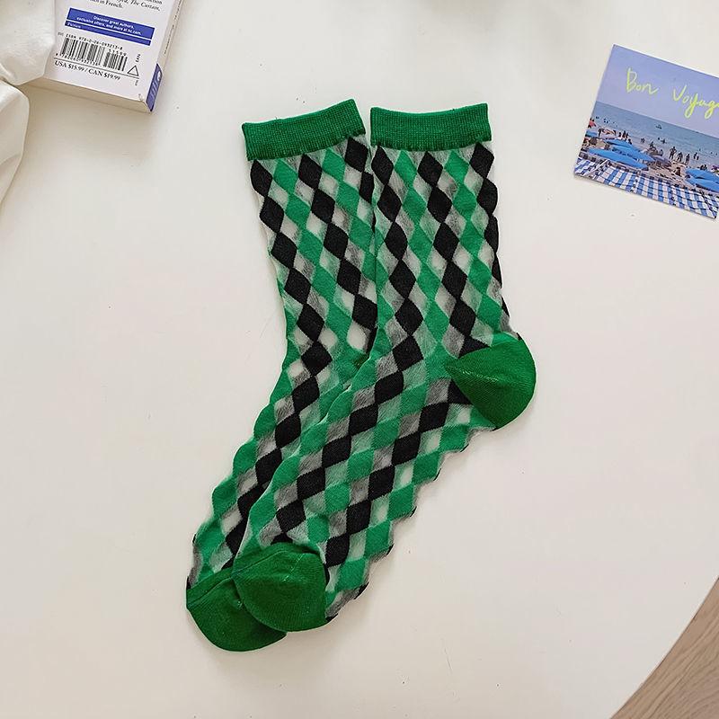 

1 пара женских прозрачных носков средней длины с ромбовидным узором для весны и лета, тонкие и дышащие длинные носки из кристального шелка