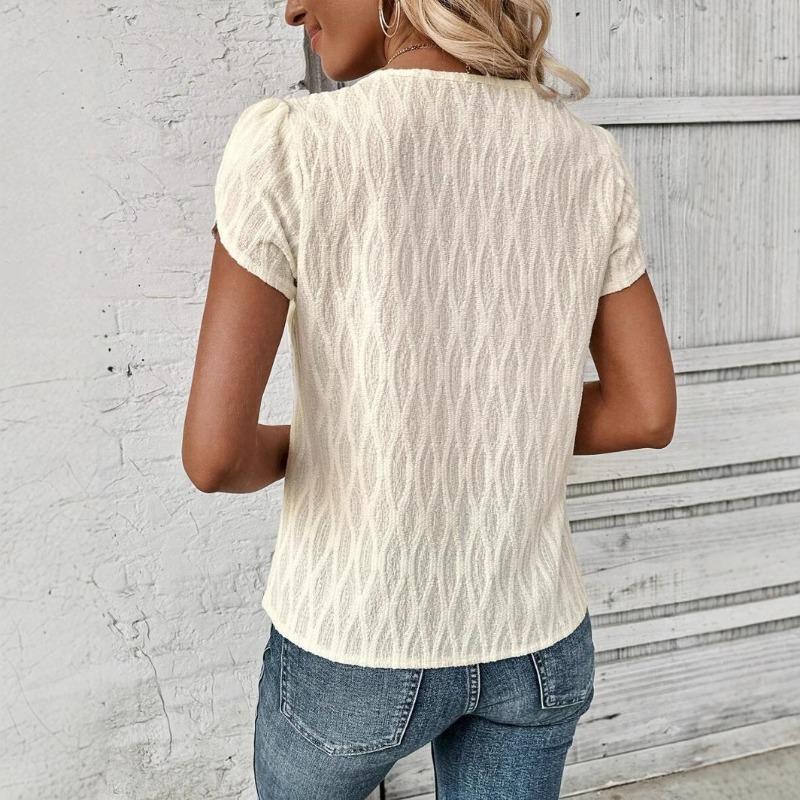 Літня Елегантна Блуза з Короткими Рукавами-Пелюстками, Діагональний Комір, Жіночий Солодкий Топ, Новий Однотонний, Гудзики, Вільний, Повсякденний, Проста Сорочка, Плісирований Жіночий Одяг