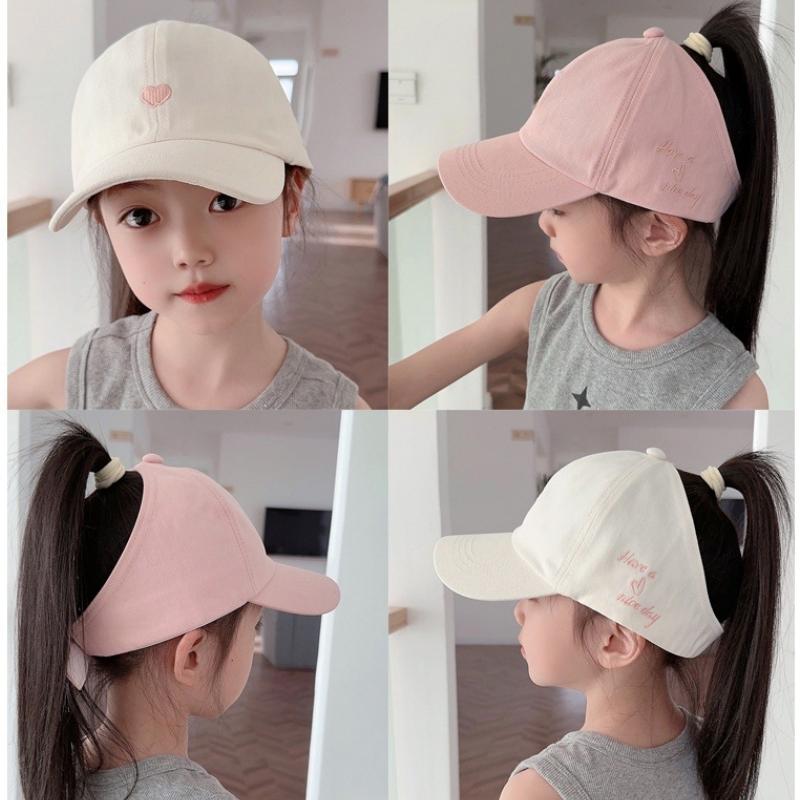 Summer Children Sun Hat Girls Ponytail Duckbill Hats Kids Empty Top Baseball Cap Embroidery Love Baby Sunshade Visors