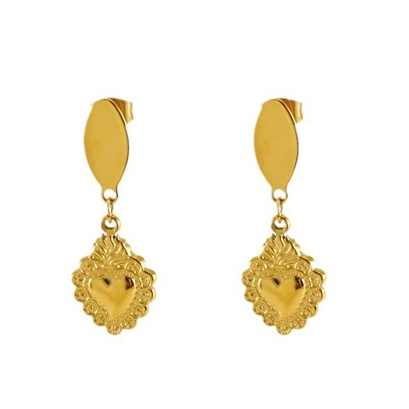 European American Retro Titanium Steel Heart-Shaped Gold Earrings for Women