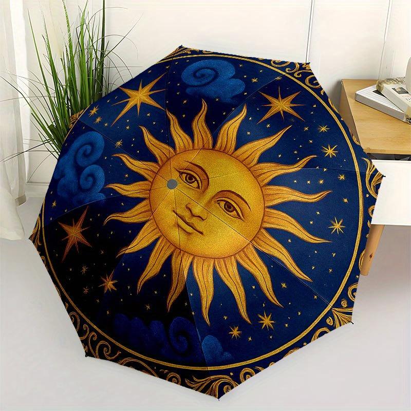 

Golden Sun and Stars Circular Wall Art Decor Umbrella, Cute Umbrella with Cute Design, Portable 3-Fold Compact Umbrella for Men & Women, Valentine s D