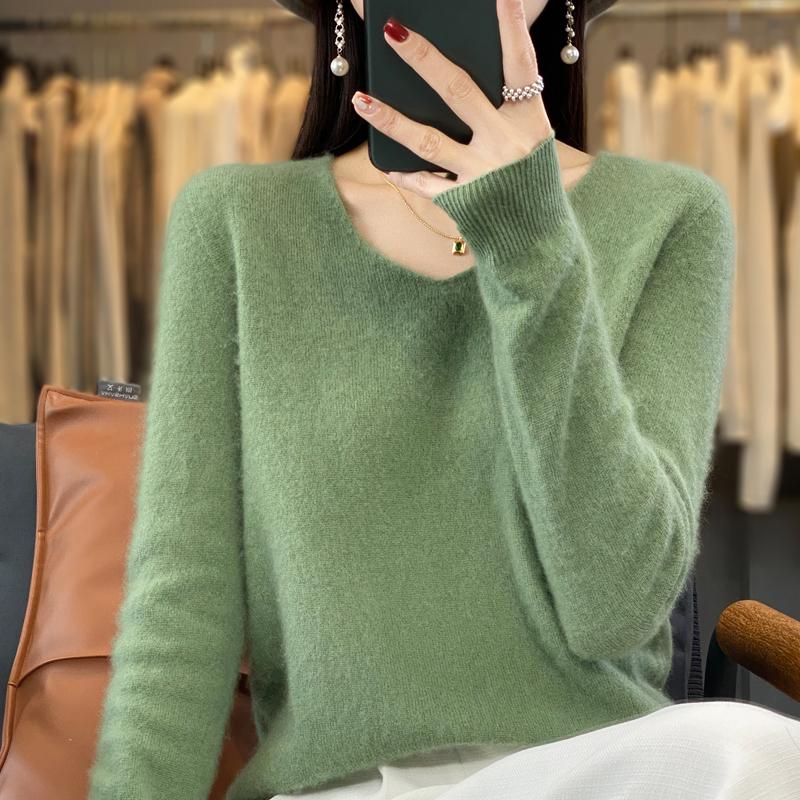 Dámský svetr 100% vlna MODERNÍ NOVINKA SAGA úpletový svetr s výstřihem do V Tenké jarní podzimní svetry Dámské pletené topy