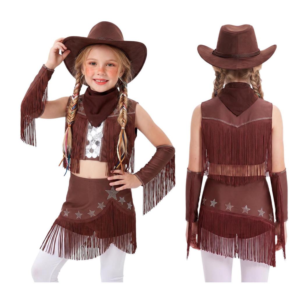 Costume da Cowgirl per Bambine Senza Maniche con Paillettes Strass Frange, Gonna Elastica, Guanti, Cappello, Fazzoletto, Danza Latina, Esibizione sul Palco, Competizione