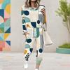 Women Plus Size Geometric Printed Round Neck Long Sleeve Cuffed Two Piece Pants Set With Pockets