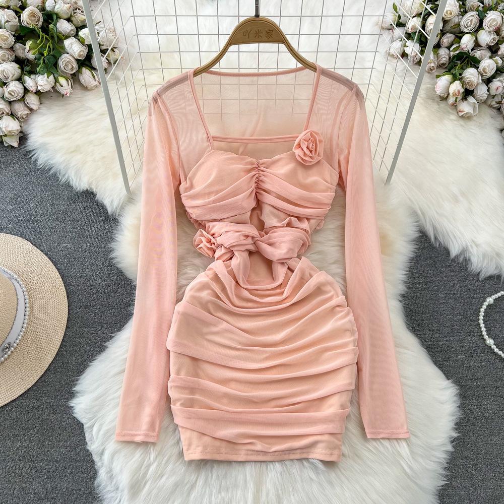 Spring and Autumn Women's Dress Pure Desire Spice Girl Sexy Long Sleeve Square Neck Waist Slimming Mesh See Through Stereoscopic Flower Hip Dress