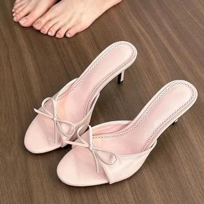 2026 Nieuwe Collectie Zomer Roze Vlinderknoop Dames Pantoffels Elegantie Stripper Dunne Lage Hakken Dames Mules Slides Schoenen