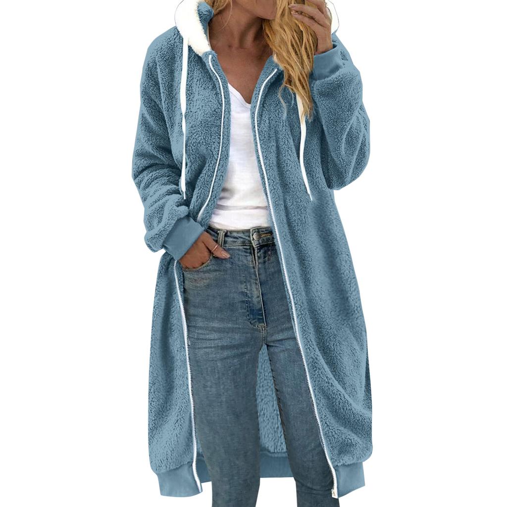 Ladies' Loose Comfortable Casual And Fashionable V-neck Long Sleeved Medium To Long Double-sided Plush Hooded Jacket