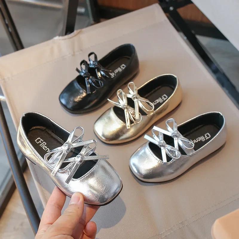 Kids Square Dance Performance Shoes Black Solid Color Girls Princess Shoe with Double Bow New Girls Leather Shoes Soft Sole