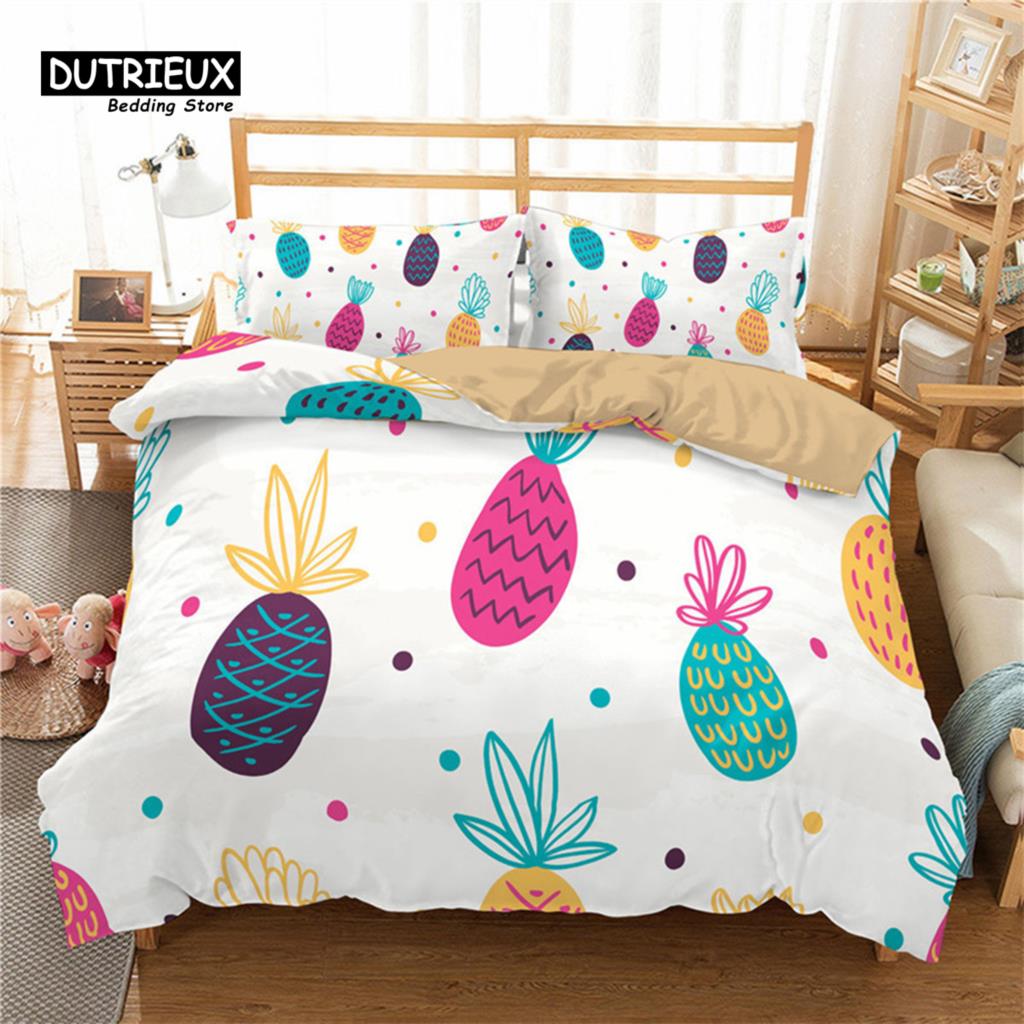 Funny Tropical Fruit Bedding Set Microfiber Pineapple Pear Geometric Pattern Duvet Cover With Pillowcases For Kids Bedroom Decor