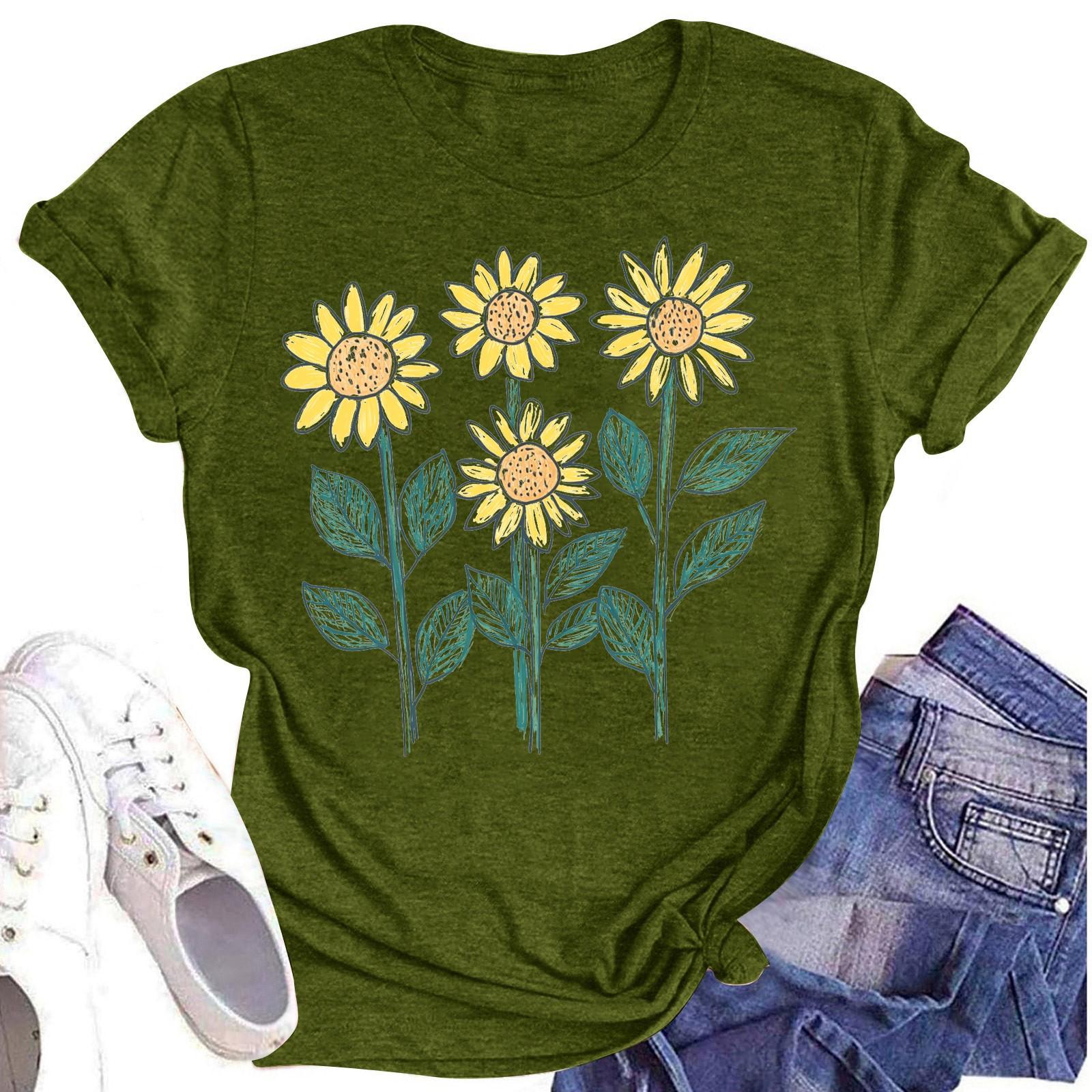 

Женская повседневная футболка с круглым вырезом и цветочным принтом, короткий рукав L армия зеленый