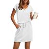Women's V Neck Short Sleeve Casual Dress Slim Fit Drawstring Waist Pocket Tunic Dress