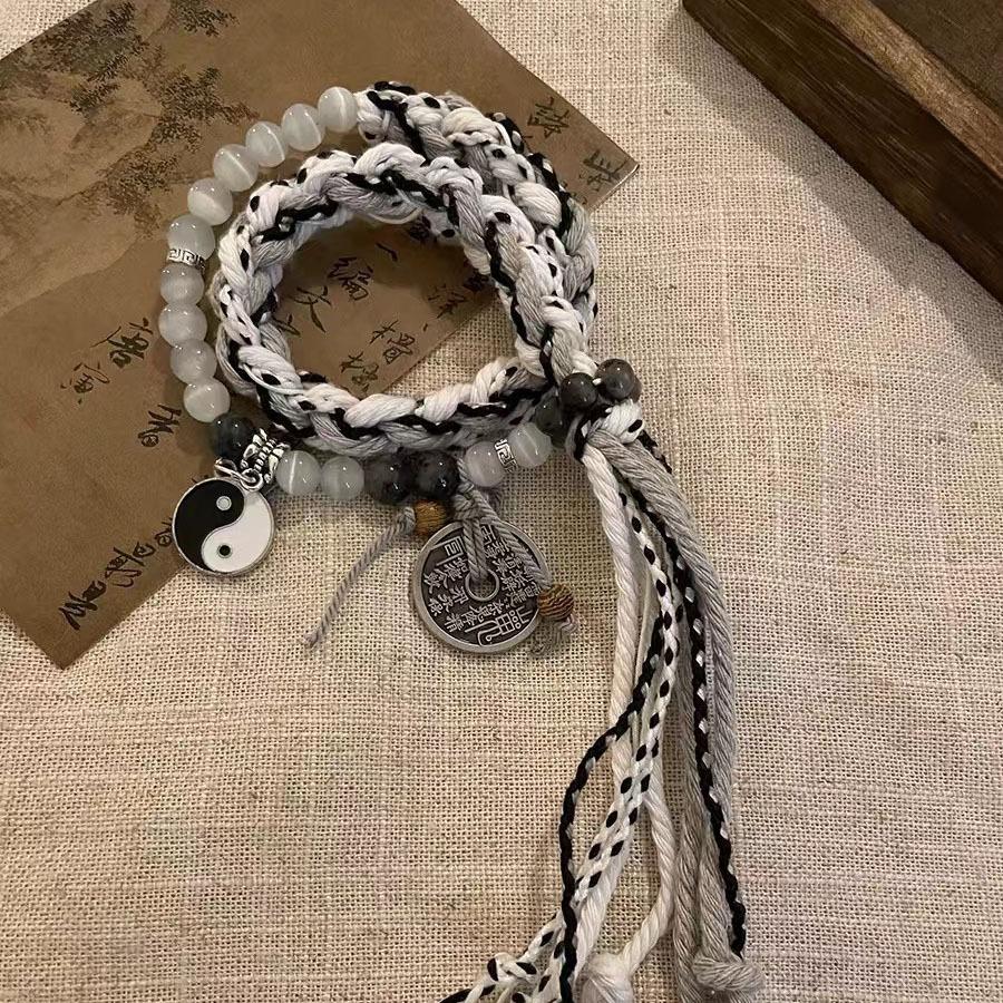 Handmade Braided Bracelets for Women Men Chinese Style Charm Double Layer Stackable Bead String Bracelets Adjustable Jewellery