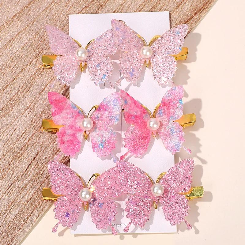 

6 шт. новые изысканные заколки для волос с блестками и бабочками, жемчужные металлические банты для волос, челки, заколки для волос для женщин и девушек, модные аксессуары для волос