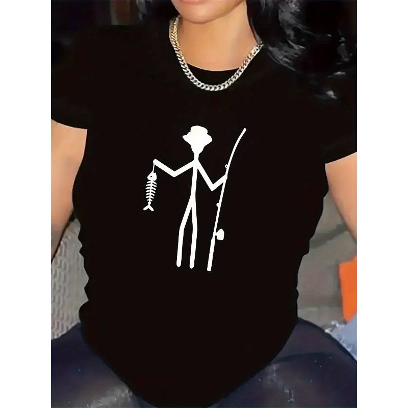 

European sizes Women s Black & White Fishing Graphic T-Shirt - Lightweight Polyester Short Sleeve Round Neck Top with Fun Fisherman Print 4XL