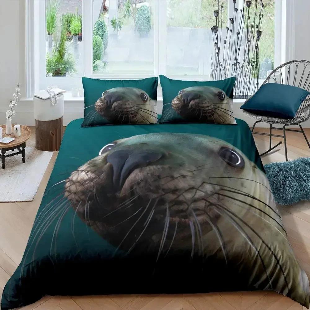 Seal Duvet Cover King Size Lovely Swimming Seal Bedding Set Cute Ocean Exotic Style 2/3Pcs Marine Life Polyester Comforter Cover