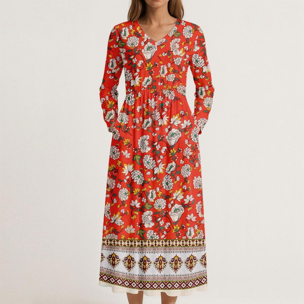 Šaty Pro Ženy Dlouhé Boho Plážové Šaty Elegantní Maxi Šaty Výstřih do V Dlouhý Rukáv Šaty s Kapsami