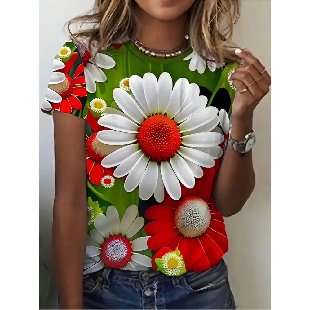 Summer women's T-shirt casual daisy pattern 3D printed women's T-shirt loose short sleeved round neck T-shirt girls' top