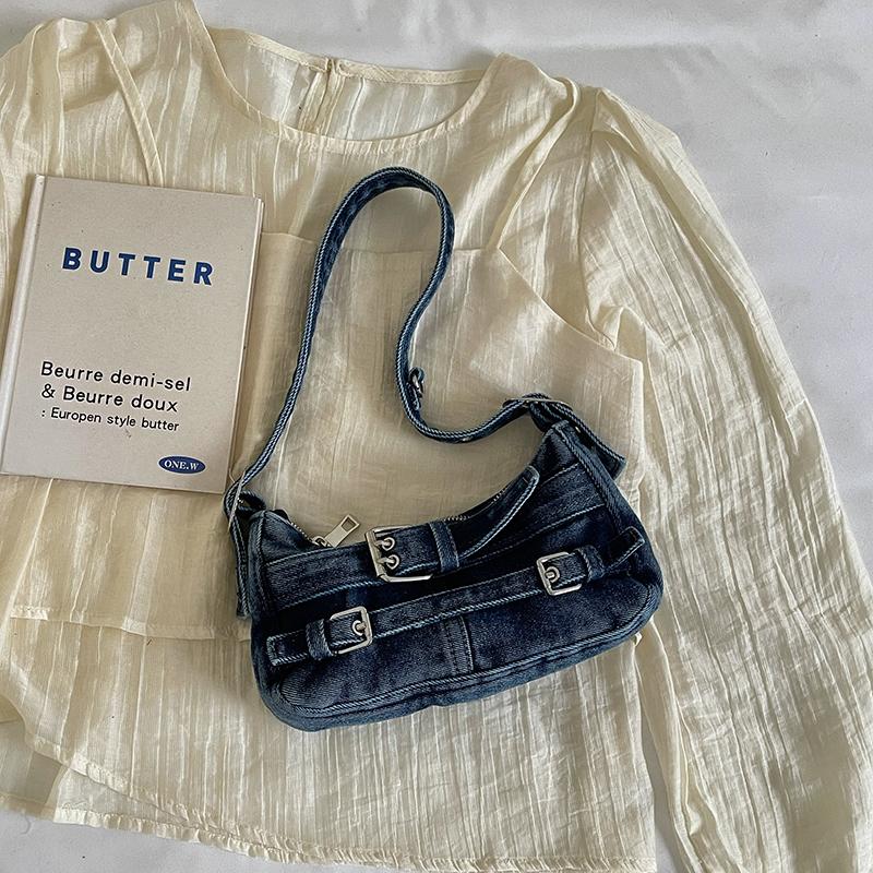 Y2K Washed Denim Shoulder Bag with Buckle Detail Zipper Closure Casual Underarm Purse for Daily Use