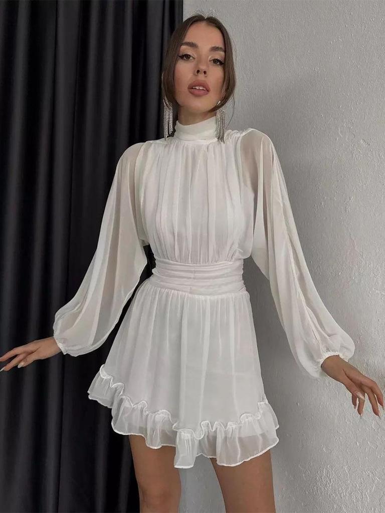 European & American Chiffon Long Sleeve Ruffle Backless Dress with Semi-High Neck & Large Swing Hem