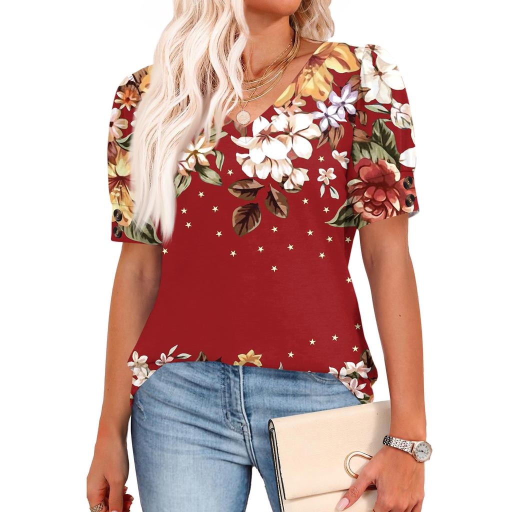 Womens Tops Short Sleeve Shirts Buttons V Neck  Fashion Outfits  Blouses  Casual