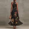 Summer European and American Temperament Is Elegant, Hollow Stand-up Collar Sleeveless Printed Dress, Waist and Thin A-shaped Big Pendulum Dress