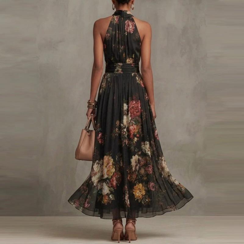 Summer European and American Temperament Is Elegant, Hollow Stand-up Collar Sleeveless Printed Dress, Waist and Thin A-shaped Big Pendulum Dress