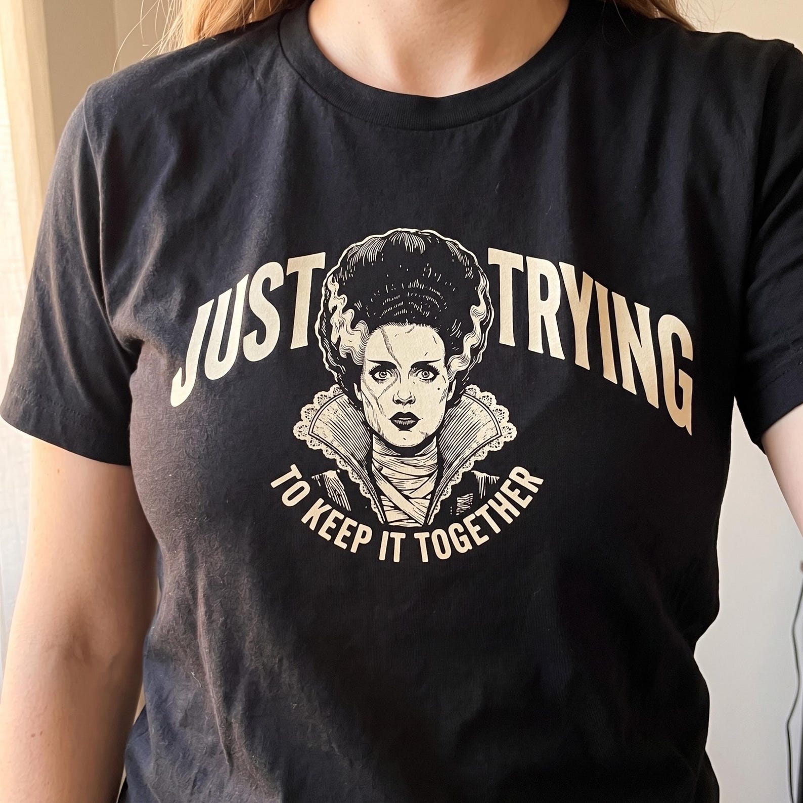 Just Trying to Keep It Together Shirt, Bride of Frankenstein Tee, Funny Halloween Shirt, Retro Horror Movie Tee, Spooky Season Womens Gift M