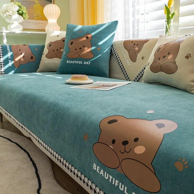 Modern Universal Chenille Sofa Cover Sofa Pad Solid Color Cute Bear Sofa Mat for Living Room Non-Slip L Shaped Couch Cushion